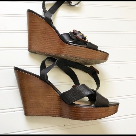 Chloe Buckle Wooden Sole Wedges Size 37 - Picture 2 of 9